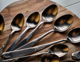 Row of metal spoons neatly arranged on wooden table