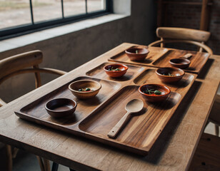 Wooden trays with small bowls on rustic dining table