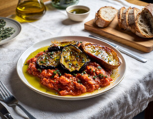 Roasted eggplant with homemade tomato sauce and rustic bread