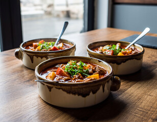 Three bowls of homemade vegetable stew on wooden table