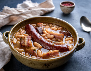 Plato de fabada asturiana casera en cuenco r&uacute;stico