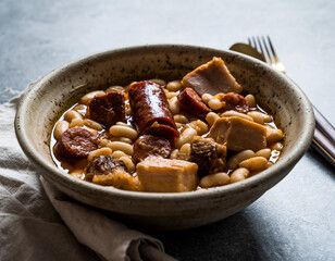 Plato de fabada asturiana casera en cuenco r&uacute;stico