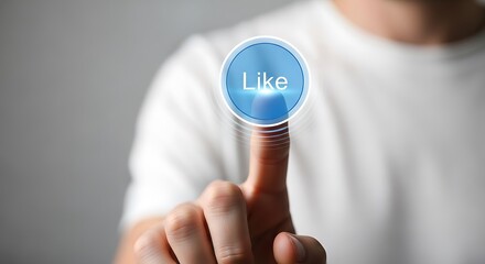 Man's finger pressing an illuminated blue like button on screen