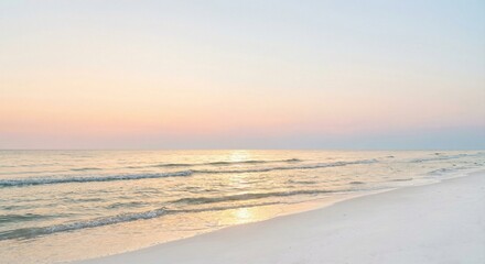 Fototapeta premium A calm tropical beach at golden hour featuring a smooth pastel sky gradient and gentle waves. Perfect for travel marketing, wellness visuals, and modern background use.