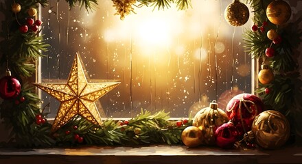 Festive christmas window with golden star, garland, and ornaments, warm light outside