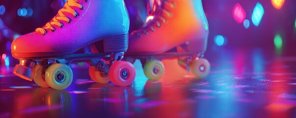 Colorful roller skates on a vibrant dance floor, illuminated by neon lights, creating an energetic and lively atmosphere.