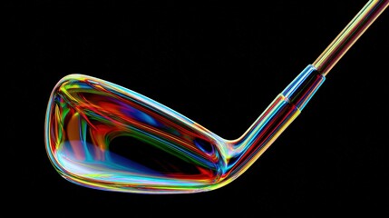 A colorful, abstract depiction of a golf club head, showcasing vibrant hues and reflections against a dark background.