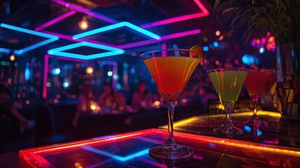 A vibrant bar scene showcasing colorful cocktails under neon lights, creating a lively atmosphere filled with excitement and social interaction.