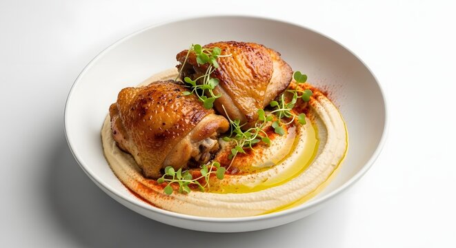 Gourmet chicken dish with mashed potatoes and herbs isolated on white background
