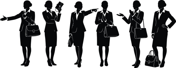 Businesswoman silhouette set, professional gesture icons, black illustration, confident posture variety, corporate fashion profile, body language concept, executive presence poses
