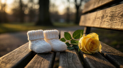 Sanctity of life concept with white knitted baby booties and a yellow rose on a wooden bench at sunset. Symbol of pregnancy, hope, remembrance and innocence.
