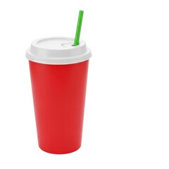 Bright red disposable cup with white lid and green straw isolated on white background