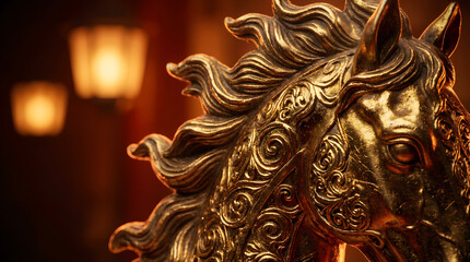 Majestic golden ornate horse head, glistening under warm festive lights, symbolizing prosperity and joyous beginnings for new year 2026. Intricate details evoke timeless celebration