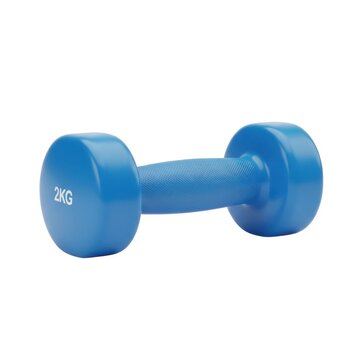 Single blue dumbbell weighing two kilograms isolated on white background