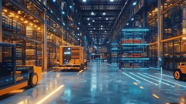 Warehouse Inventory: A cutting-edge warehouse, illuminated by futuristic lighting, showcasing a well-organized inventory system with advanced machinery and technology.