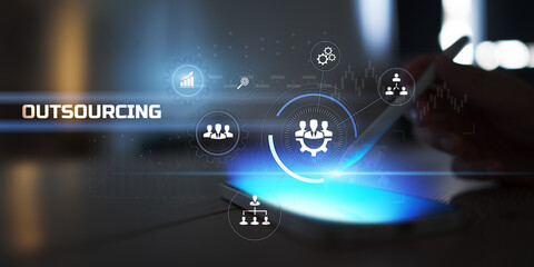 Digital Outsourcing and Team Management Concept on Touchscreen Interface with Workforce Icons.