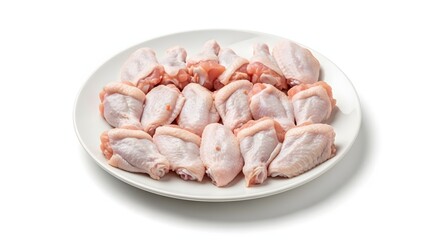 Raw chicken wings arranged on a white plate isolated on white background