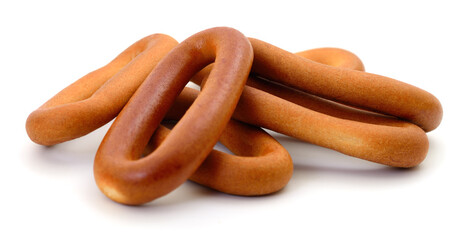 Stack of dry oval bread rings (baranki) isolated on white