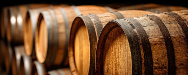 A close-up view of wooden barrels, showcasing their texture and craftsmanship, often used for aging beverages like wine or whiskey.