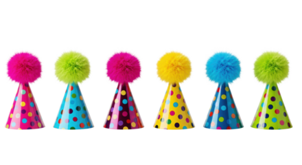 Eight glossy, colorful party hats with polka dots and fluffy marabou feathers in a precise horizontal row on a transparent background, emphasizing organization and uniformity, concept for birthday