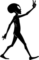 Alien Silhouette – Extraterrestrial with Oval Head and Peace Sign in Mid-Stride Motion
