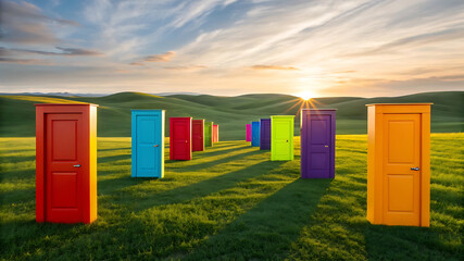 A row of colorful doors stand in a grassy field leading towards a bright sunset and distant hills
