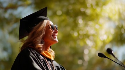 A graduate wearing a black cap and gown, beaming with joy while addressing an audience, radiating confidence and accomplishment against a beautiful blurred greenery backdrop.