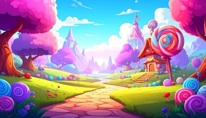 Sweet Candyland Pathway Through Colorful Trees.