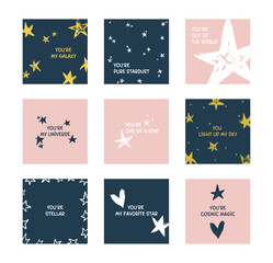 Chalk stars, square postcards. Greeting cards set,motivation inspiration phrases. Cute pastel post design. Night starry sky, cosmos, heart, space, lettering. Hand drawn vector set