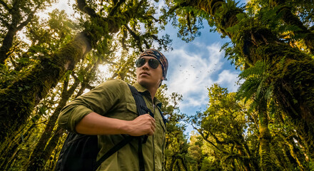 Low angle view of adventurous male hiker standing in ancient mossy forest looking up at tall trees and sunlight