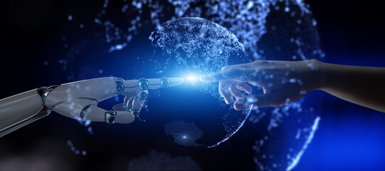 Human and Robotic Hand Connection Symbolizing Digital Transformation and AI Collaboration 3d render.