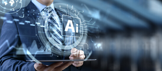 Artificial Intelligence Technology and Global Business Strategy Concept with Digital Interface.