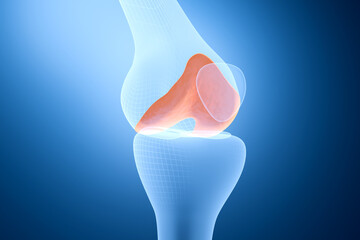 Knee joint bone pain x-ray film showing red meniscus injury and inflammation concept. 3D render