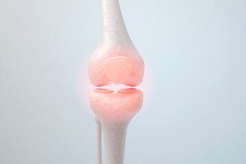 Knee joint bone pain concept with a red highlight spot on blue background. 3D rendering