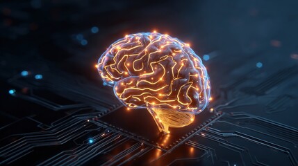 A digital brain is illuminated on a circuit board, symbolizing the fusion of technology and neuroscience.