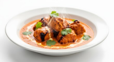 Delicious chicken tikka masala served in a white bowl isolated on white background