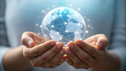 Hands gently cradling a glowing digital earth globe representing technology sustainability and global connectivity concepts