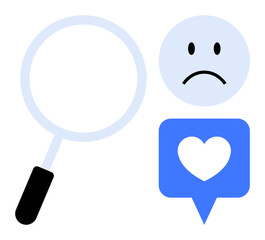 Social media health. Magnifying glass exploring unhappy face and heart-shaped social notification. Social media emotions exploration and online well-being. For mental health, online communication