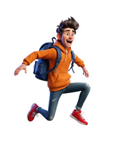 Young male student in an orange hoodie mid-air, ecstatic jump, dynamic 3d render, soft studio lighting on transparent background, concept of active youth and student vitality