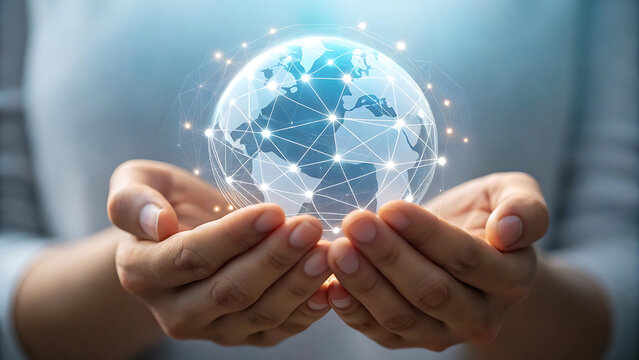 Hands gently cradling a glowing digital earth globe representing technology sustainability and global connectivity concepts - Powered by Adobe