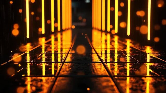 Illuminated Rail Corridor: A striking perspective of parallel tracks leading through a vibrant corridor bathed in the warm glow of orange neon lights.
