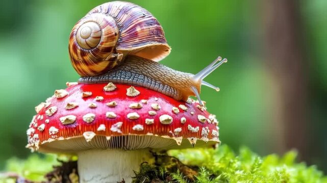 Snail on a Mushroom: A close-up shot captures a snail gracefully traversing a vibrant red mushroom, its spiral shell gleaming under the soft forest light, in a scene that evokes tranquility.