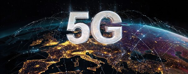 A futuristic visualization of Earth highlighting connectivity through 5G technology, showcasing a network of lines and illuminated cities.