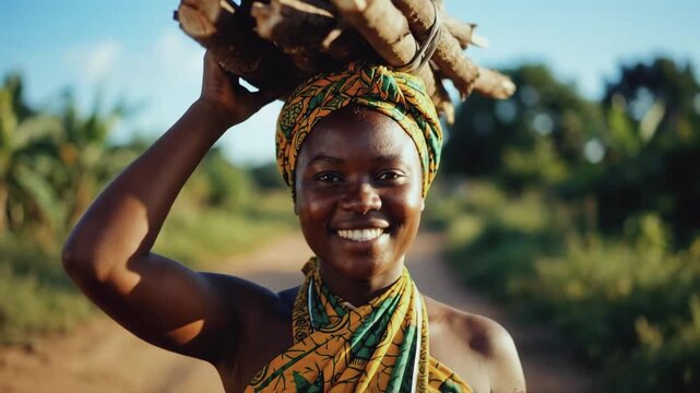 Portrait of a happy African woman carrying a bundle of firewood on her head. Young female smiling at the camera in a rural village setting