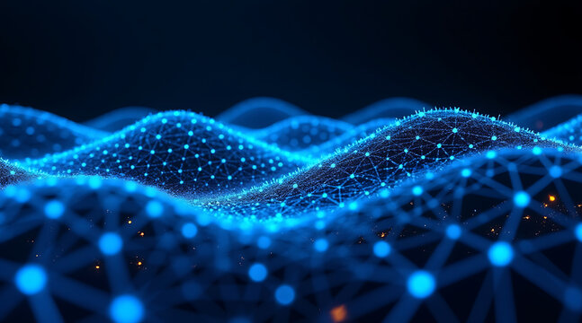 Abstract digital wave of glowing blue particles representing data flow network connections and futuristic technology concepts - Powered by Adobe