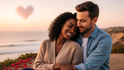 A loving couple shares a tender moment outdoors as the sun sets, casting a warm glow over the scene. A subtle heart shape floats in the sky above them, symbolizing their deep affection and connection
