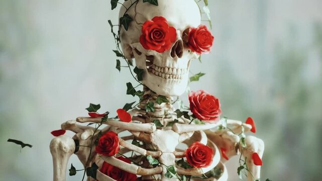 Skeleton with red roses blooming from eye sockets. Gothic skull adorned with ivy and flowers. Life and death concept