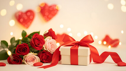 A heartwarming display of fresh red and pink roses, a beautifully wrapped gift box, and glowing hearts on a soft background, perfect for romantic celebrations and special occasions