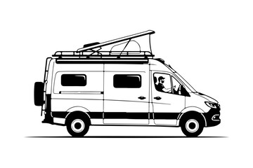 Sleek monochrome vector illustration of a modern camper van with a pop-up roof, embodying the spirit of adventurous road trips and mobile exploration