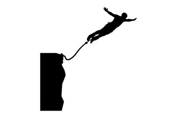Bold silhouette illustration of a person bungee jumping off a steep cliff, showcasing the excitement and adrenaline rush of extreme sports, adventure, and defying gravity